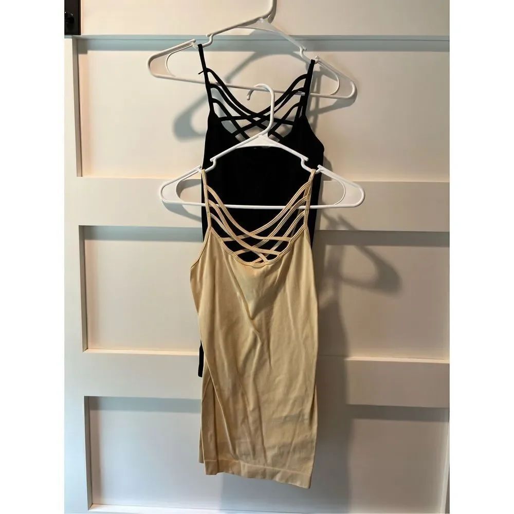New set of Zenana black and tan cris cross strap tank tops